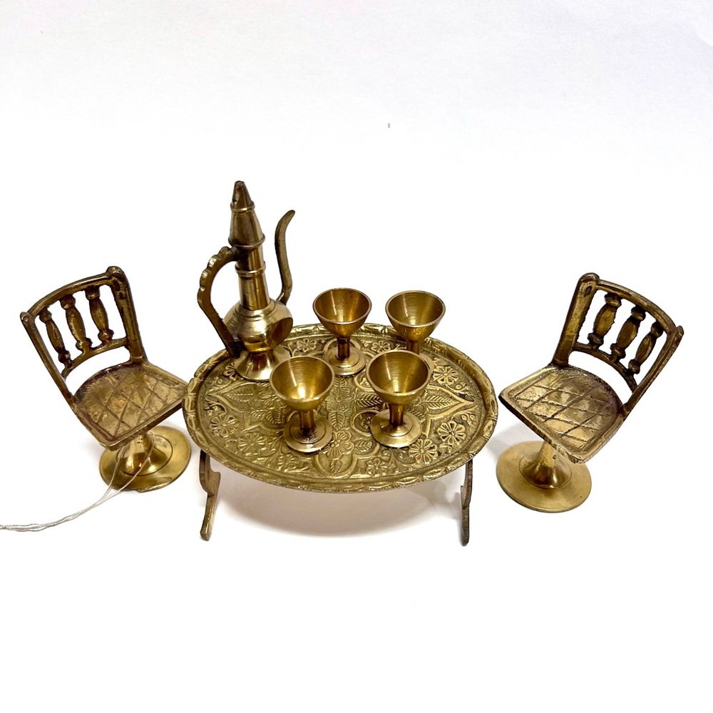 Miniature Brass 8 piece Table & 2 stools set